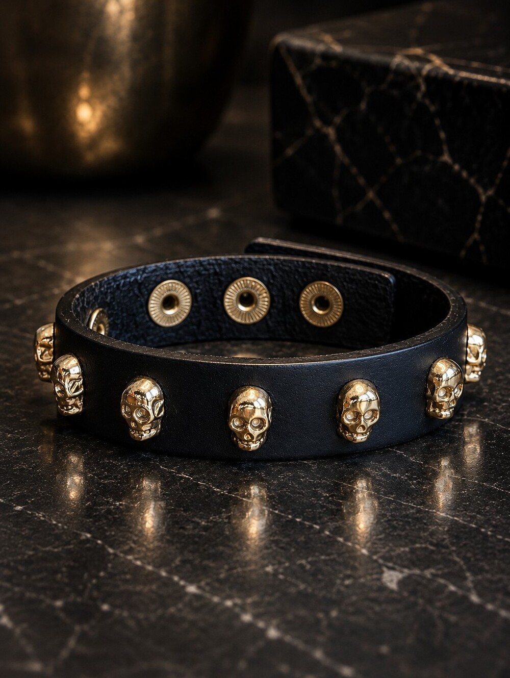 Malababa Black Leather Gold Skull Stud Cuff Bracelet